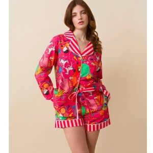 Karon Mabon "Bedroom Floor" Short Pajama Set - Nostalgic Pink Print Loungewear